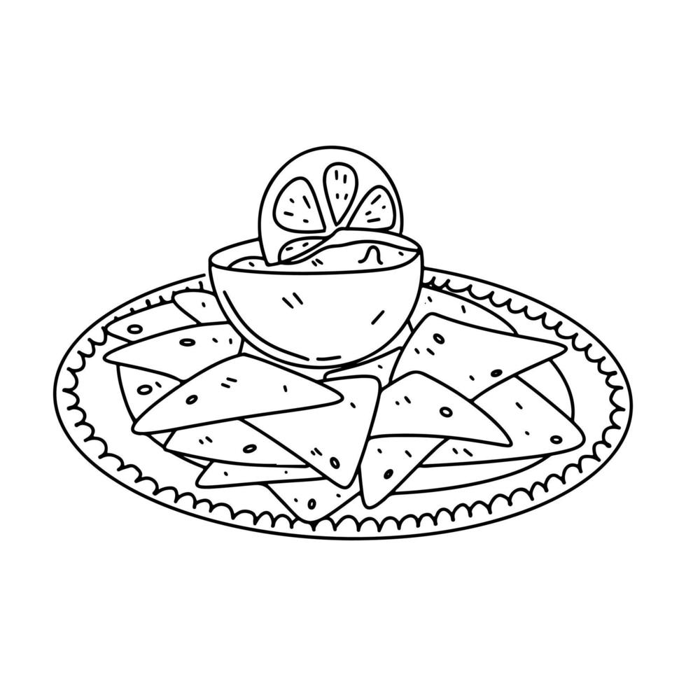Mexican nachos with salsa dip in hand drawn doodle style. Vector illustration for restaurant menu, label, banner.