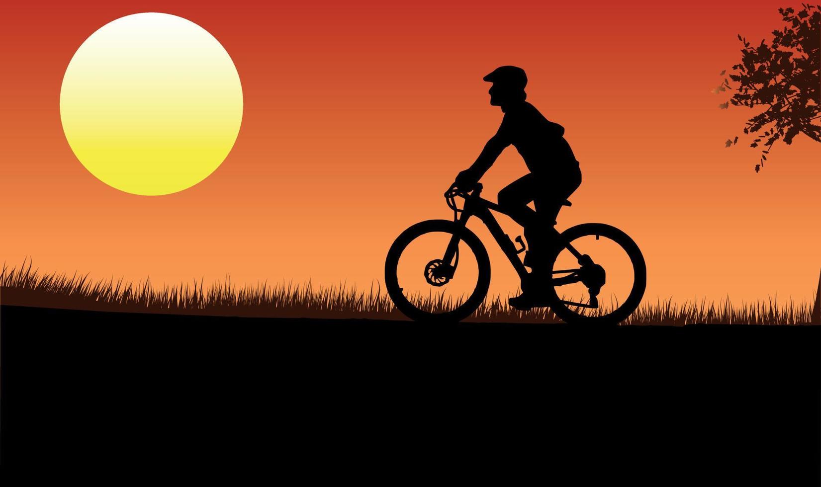 silueta de hombre en bicicleta yendo a casa bajo una magnífica vista de la puesta de sol. vector