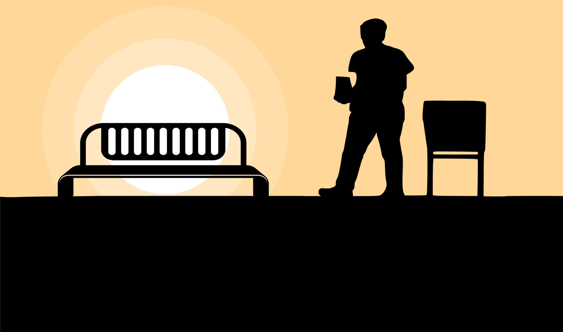 Illustration of the young man who goes to sit on the bench at sunset