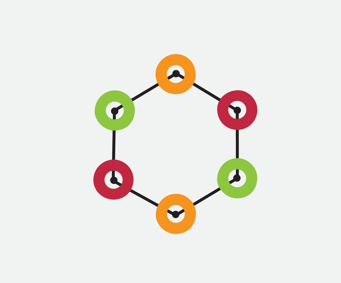 Representation of the corners of a hexagon with colored circles. Hexagon icon of vector geometry hexagonal six sided polygon hexagon line. Hexagon logo banner template.