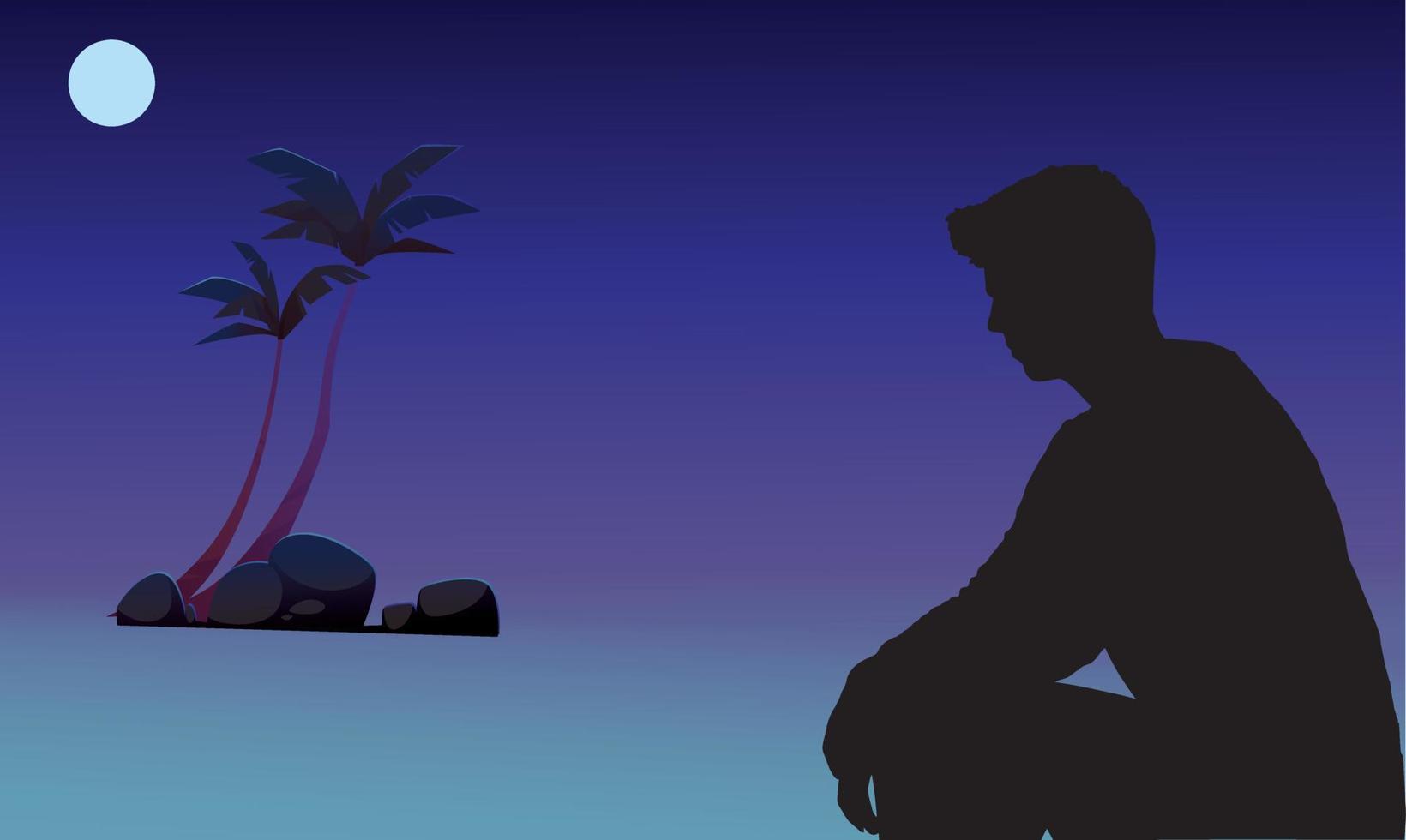 ilustración de una persona sentada pensativamente por la noche. vector