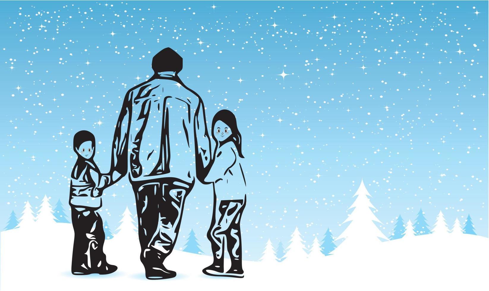 Illustration of a father holding his hands tightly and walking with children looking behind him on snowy roads in winter. vector