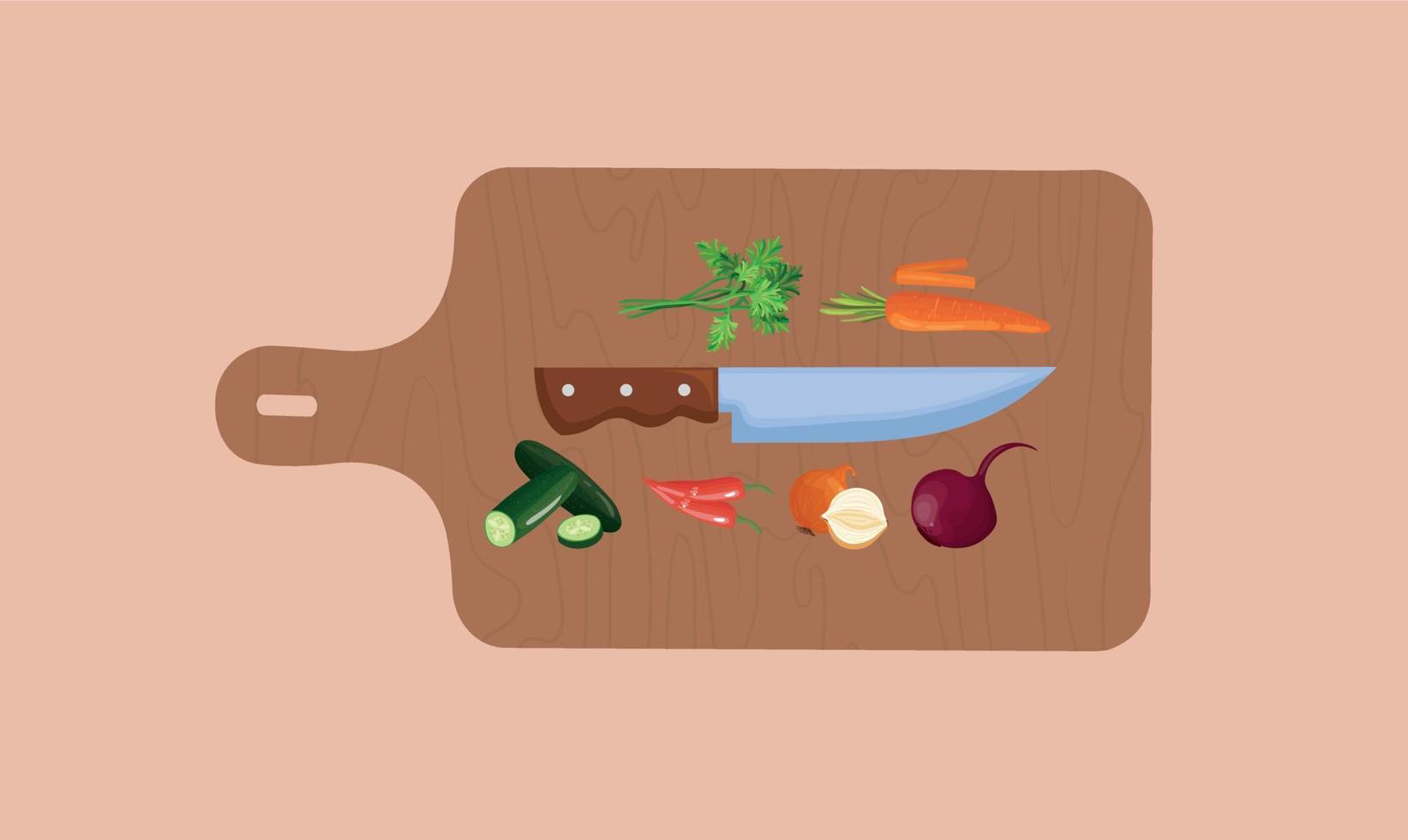 cuchillo y tablero para cortar en el fondo aislado. accesorio de cocina estilo plano.cuchillo con vegetales en tabla de cortar. vector