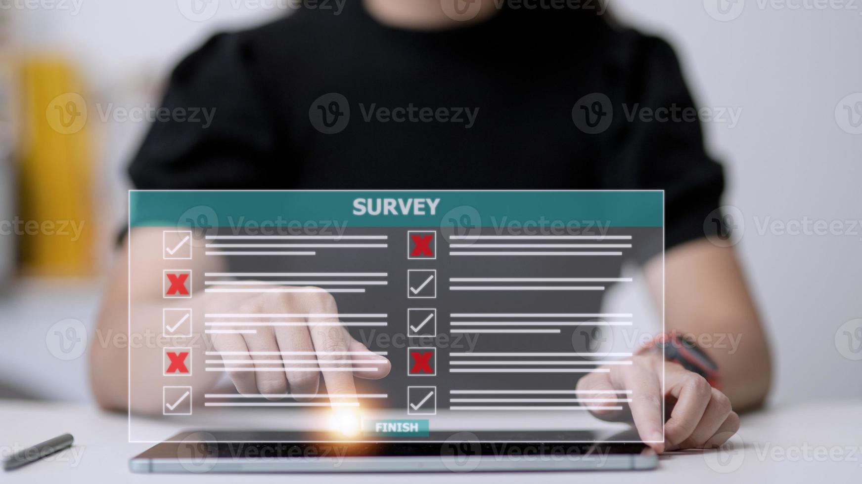 Survey form concept. Check marks on checklist and Filling online form or answering questions. Customer Experiences and satisfaction concept. photo