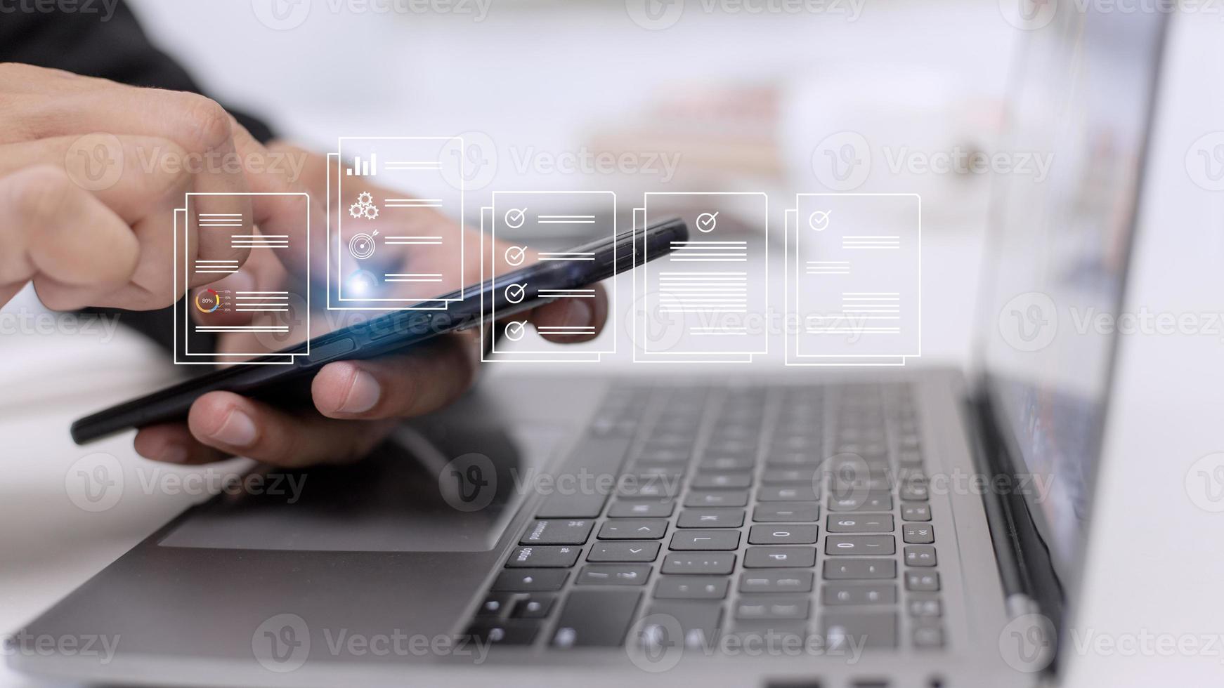 electronics document icons, E-document management, online documentation database, paperless office concept photo