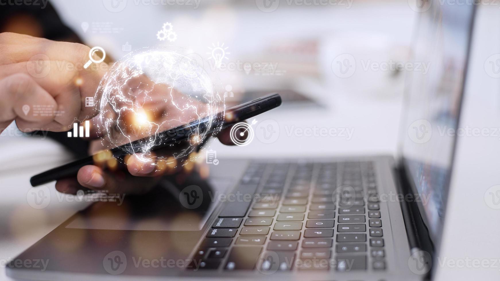 People use mobile smartphones. Business global internet connection application technology and digital marketing, Financial and banking, Digital link tech, big data. photo