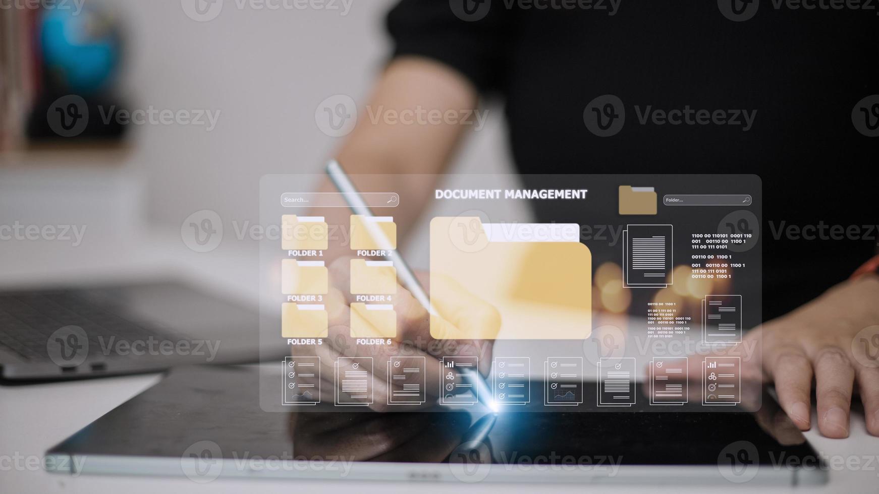 Document management concept. Virtual screen icons Document Management System DMS Online document database, software for efficient archiving, searching and management of company files and data. photo