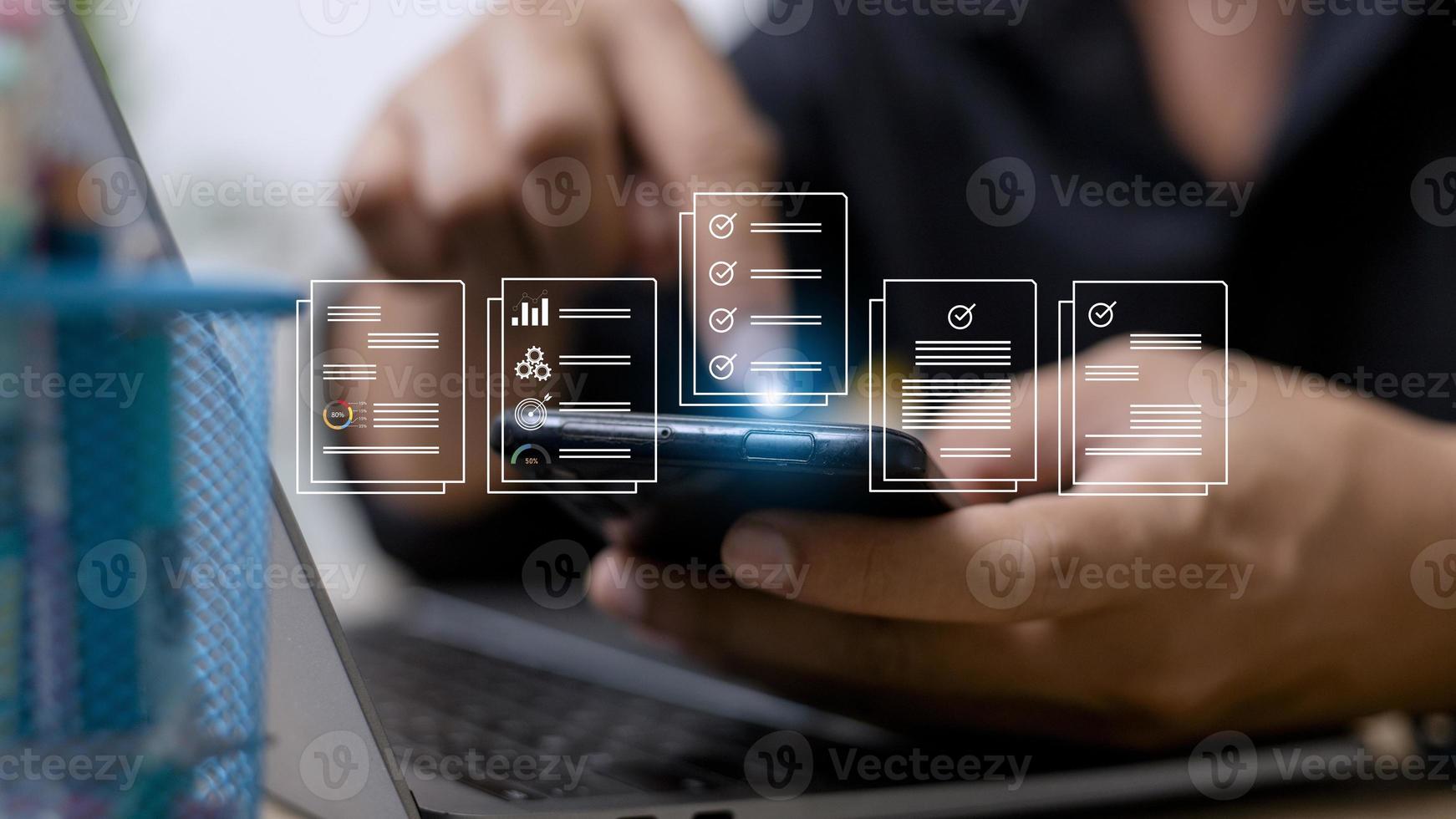 electronics document icons, E-document management, online documentation database, paperless office concept photo