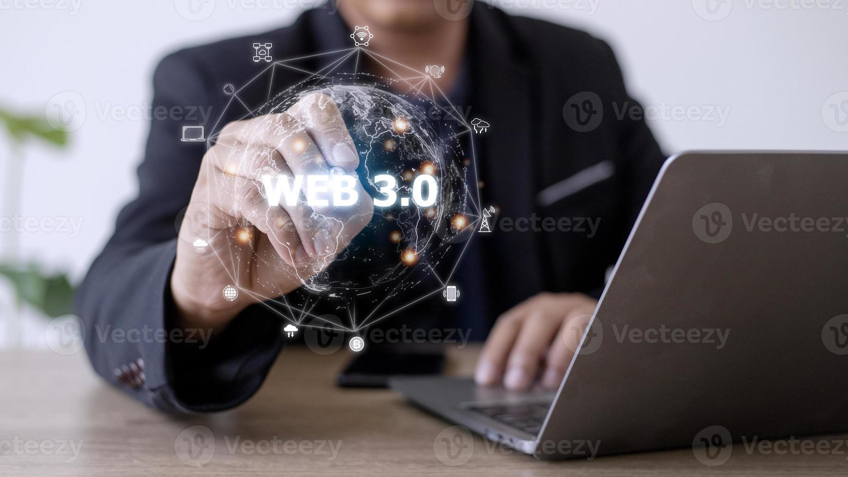 Web 3.0 concept image with a man using a laptop. Technology and WEB 3.0 concept. photo