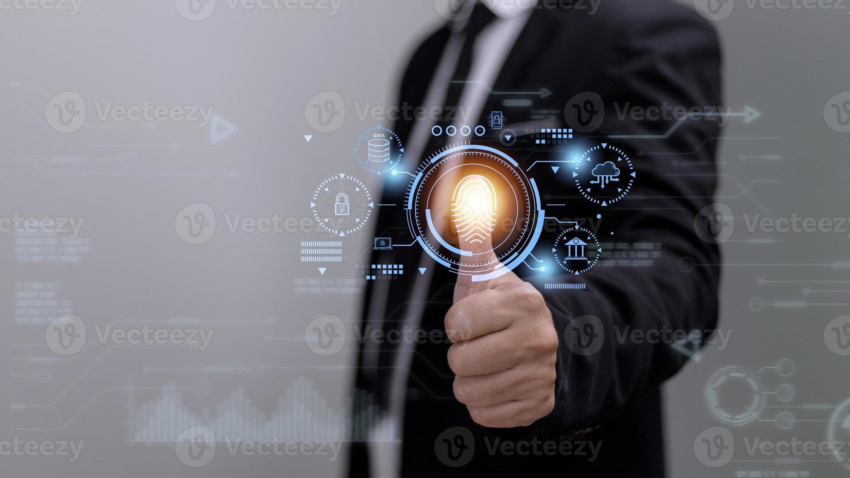 Security of future technology and Cybernetics on the Internet, finger scanning allows access to security and identification of big Data businesses, bank and Cloud Computers. photo