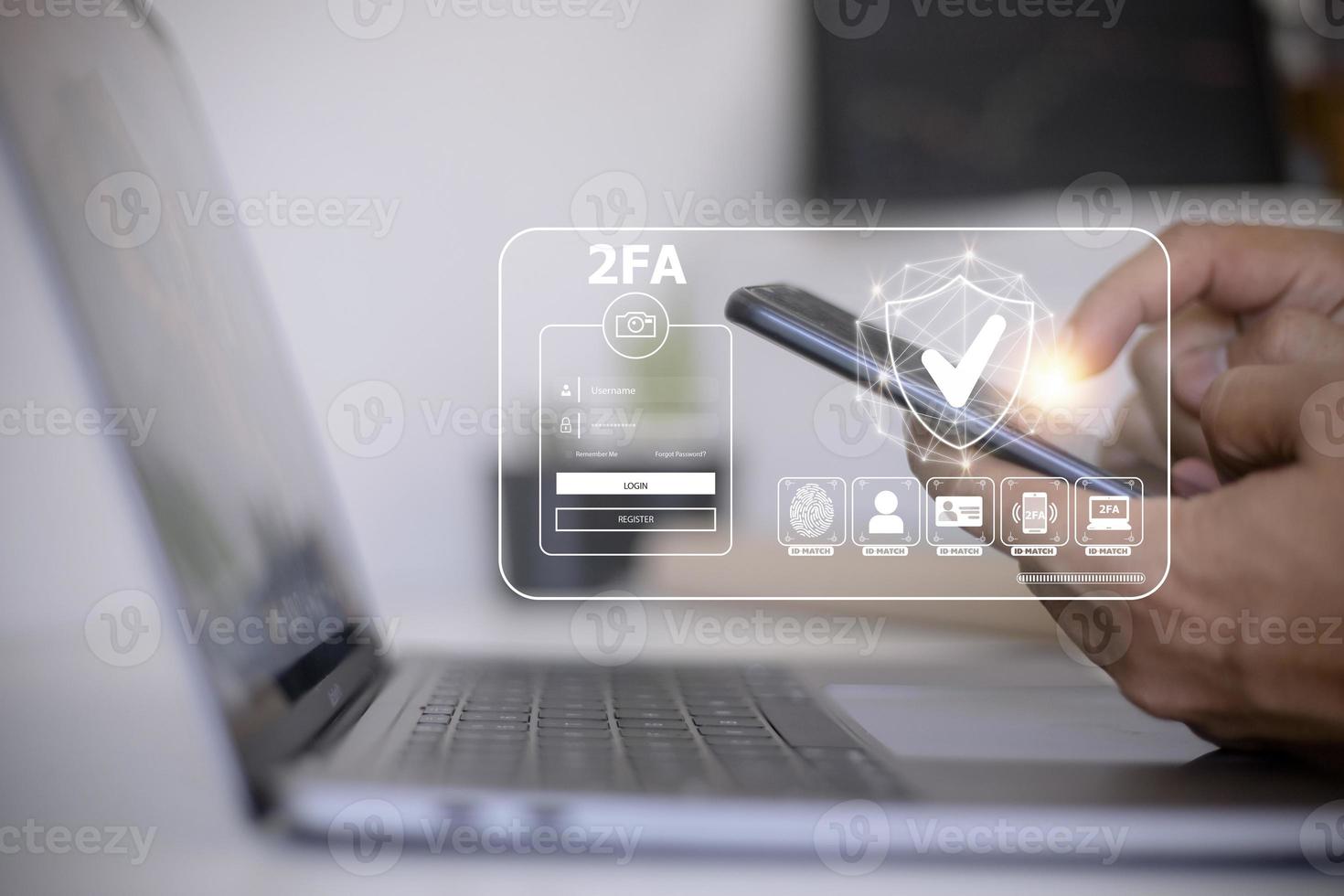 2FA increases the security of your account, Two-Factor Authentication laptop screen displaying a 2fa concept, Privacy protect data and cybersecurity. photo