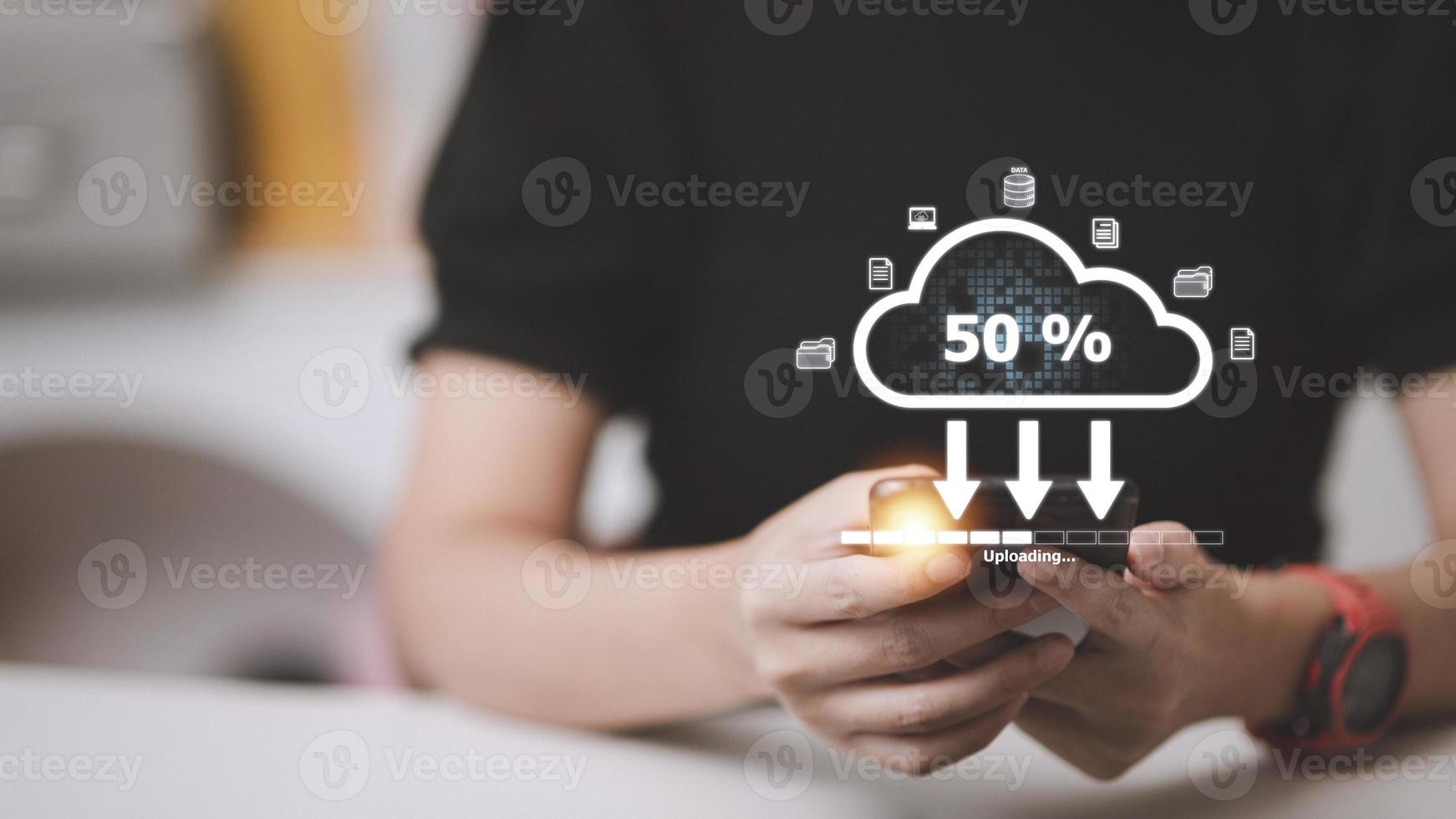 Woman doing cloud uploading on laptop in office. Data infomation photo
