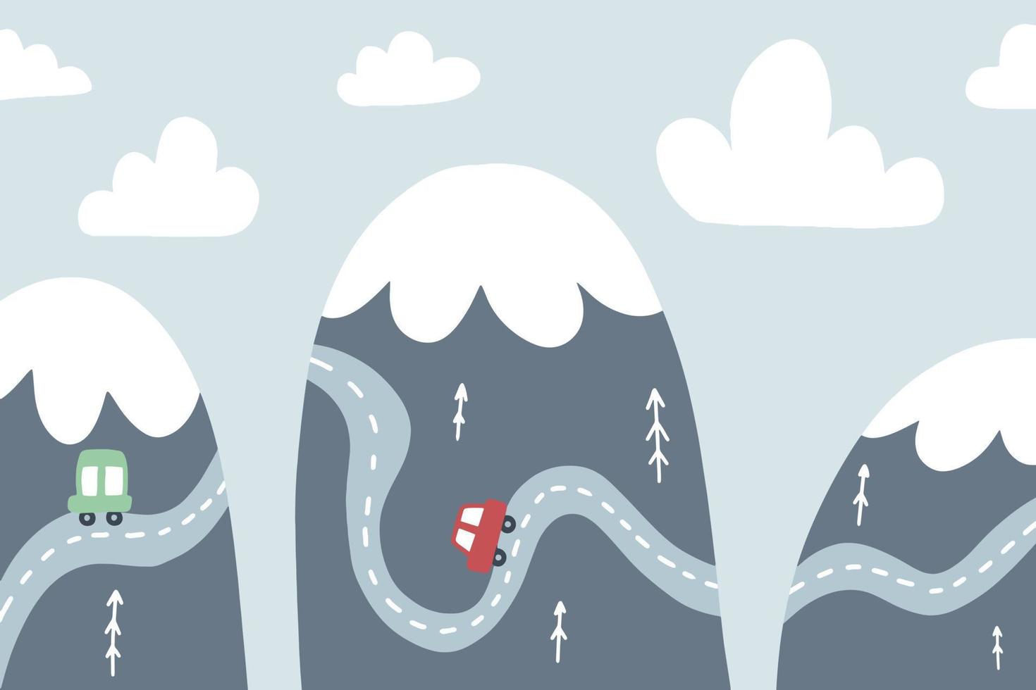 Childrens wallpapers with mountains, clouds and cars. Vector illustration. Childrens mountains.