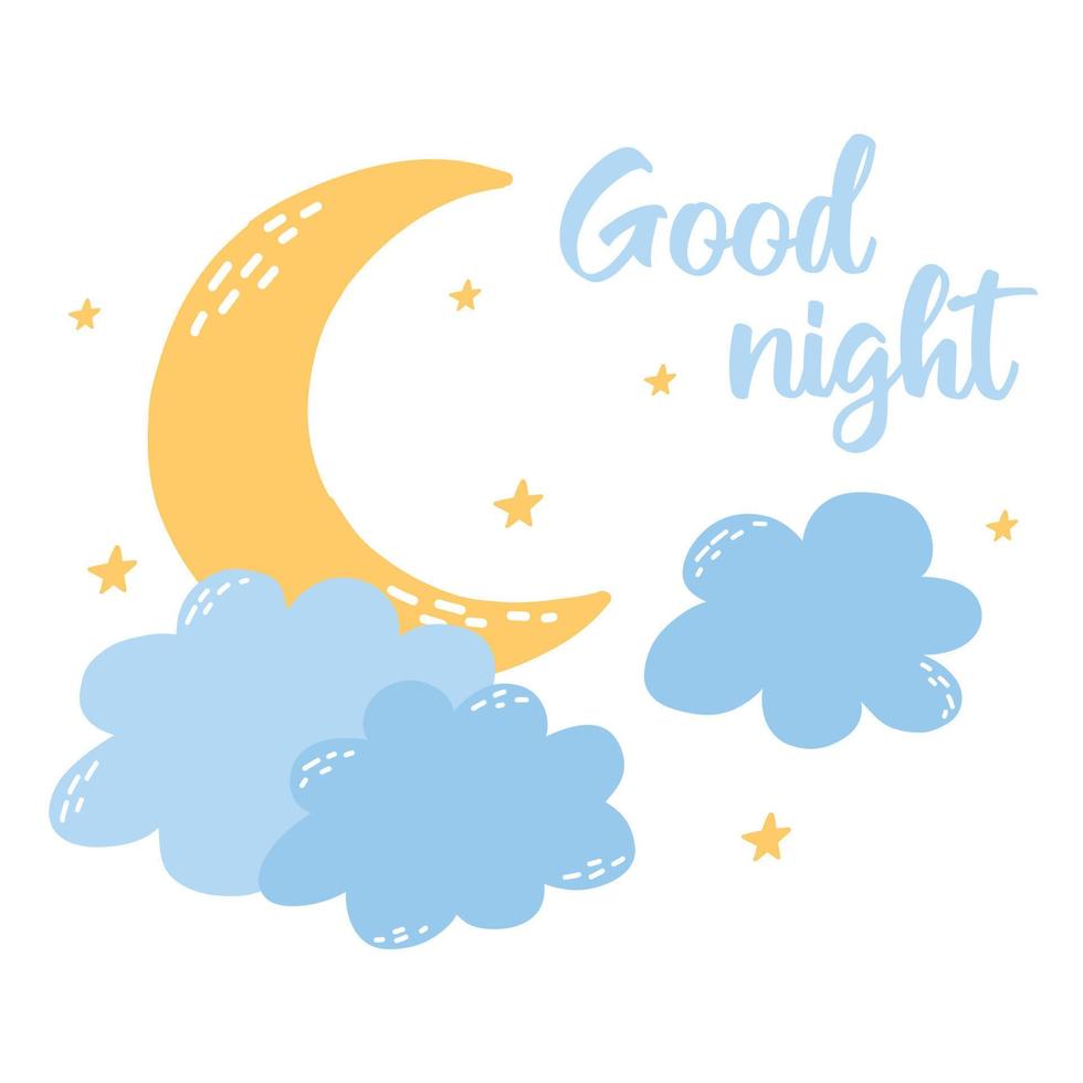 Good night postcard. Cute kids poster with moon, clouds and stars ...