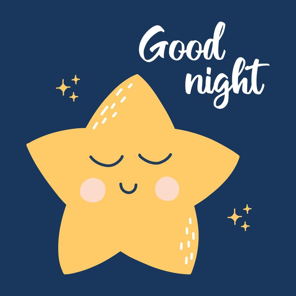 Lettering good night. Good night postcard. Cute kids poster with stars. Vector illustration in hand drawn cartoon style.