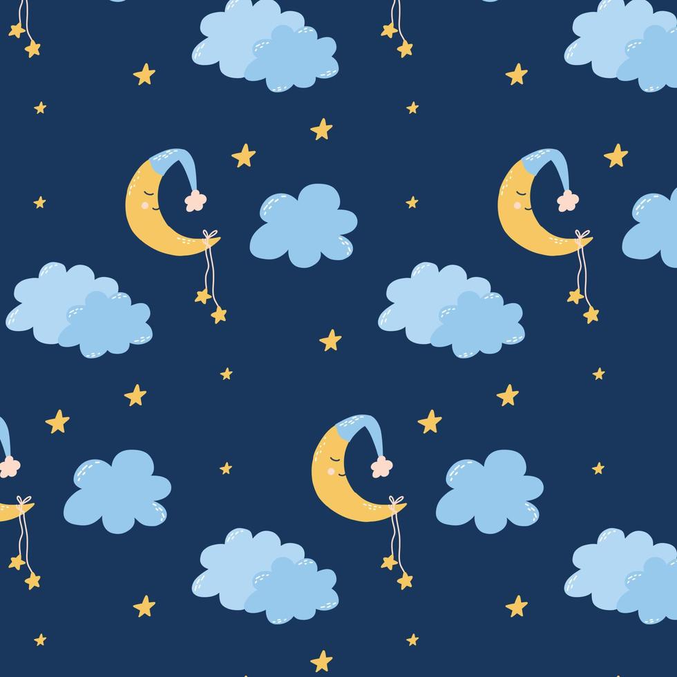 lindo patrón infantil sin costuras con luna, nubes y estrellas. patrón para pijamas de niños. buenas noches. ilustración vectorial estilo de dibujos animados dibujados a mano. vector