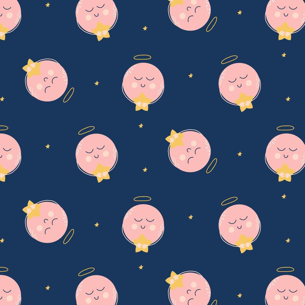 infantil de patrones sin fisuras con lindo planeta y estrellas. bonito patrón de cielo nocturno. ilustración vectorial dibujada a mano en estilo de dibujos animados. vector