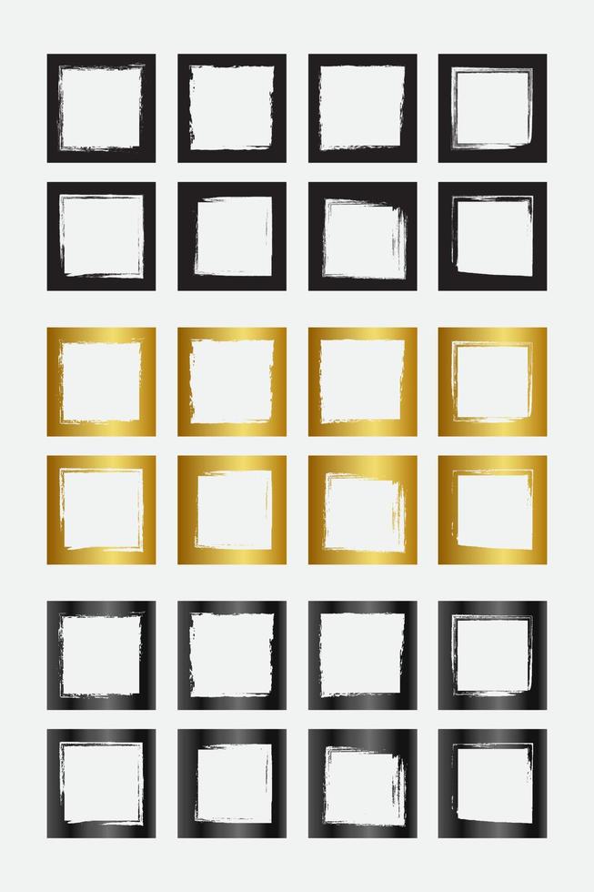 Set of grunge square border frames with black gold and metallic color vector