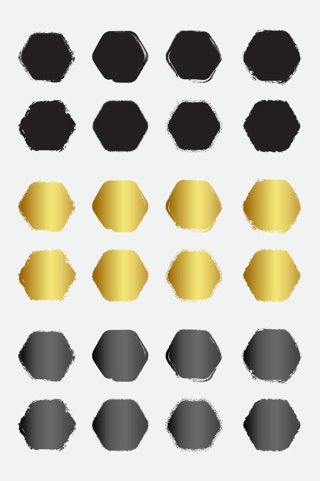 Set of grunge round hexagon border frames with black gold and metallic color vector