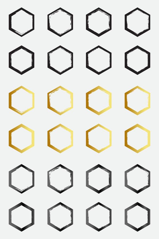 Set of grunge hexagon border frames with black gold and metallic color vector