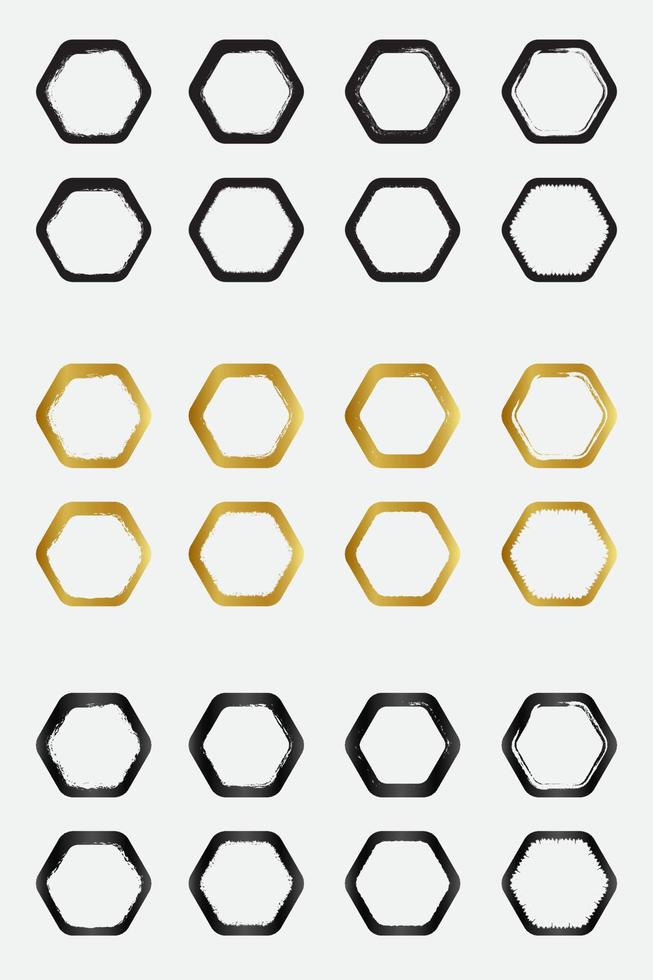 Set of grunge round hexagon border frames with black gold and metallic color vector