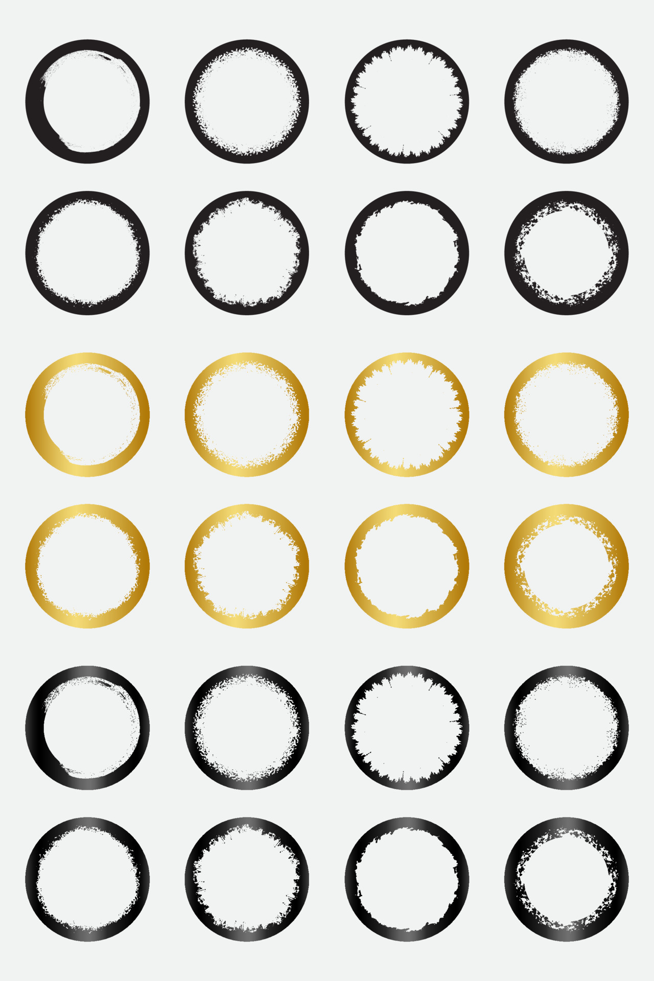 Set of grunge circle border frames with black gold and metallic color