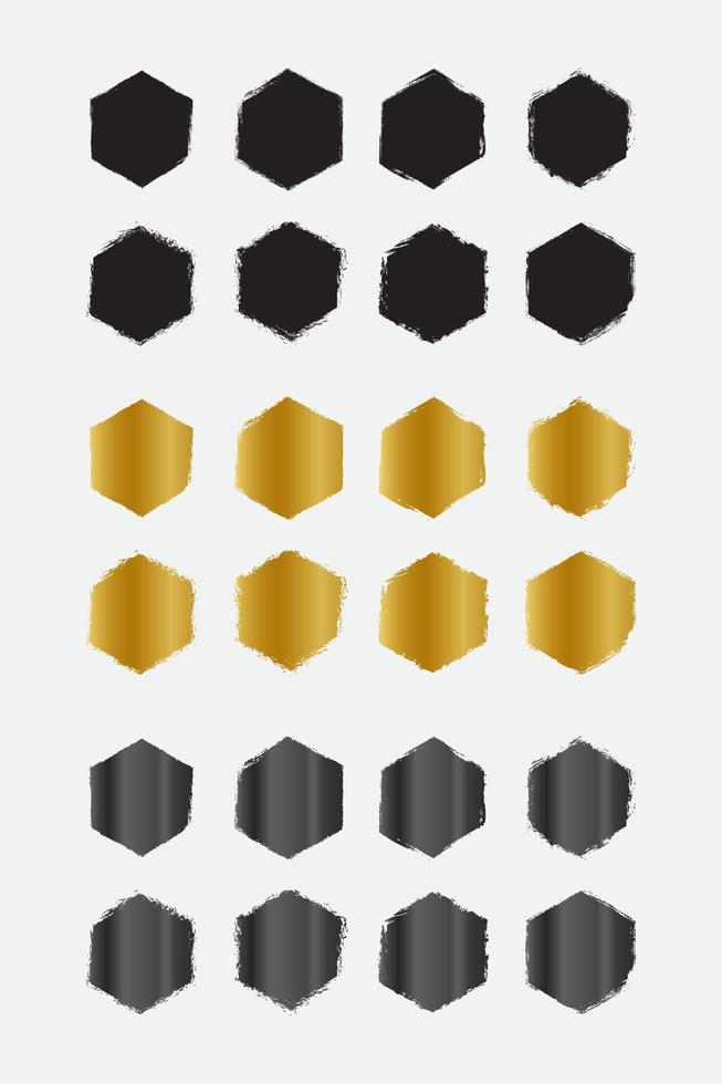conjunto de marcos de borde hexagonal grunge con oro negro y color metálico vector