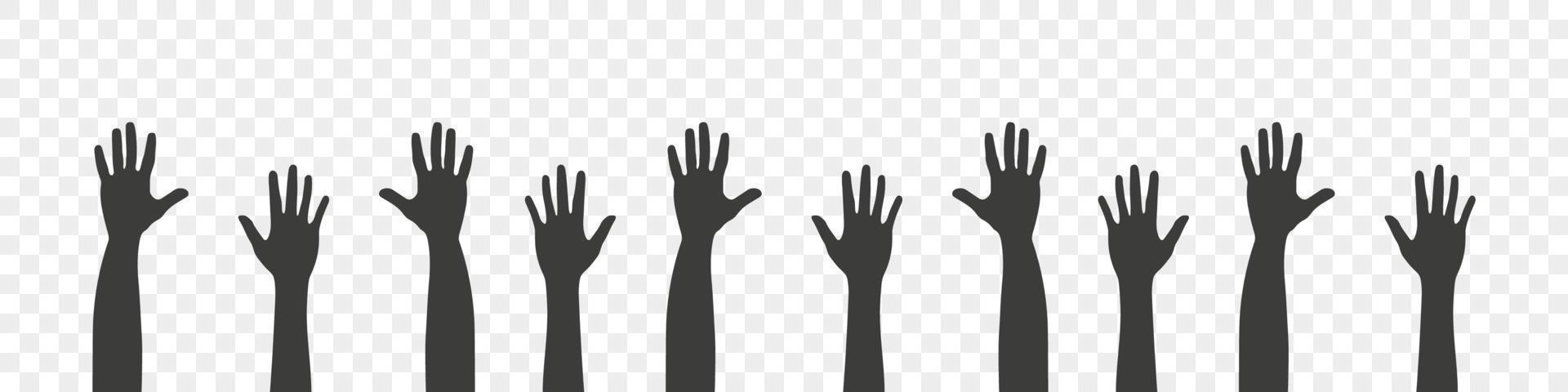 Raised hands. Silhouettes of hands up. Teamwork, collaboration, voting, volunteering concert. Vector illustration