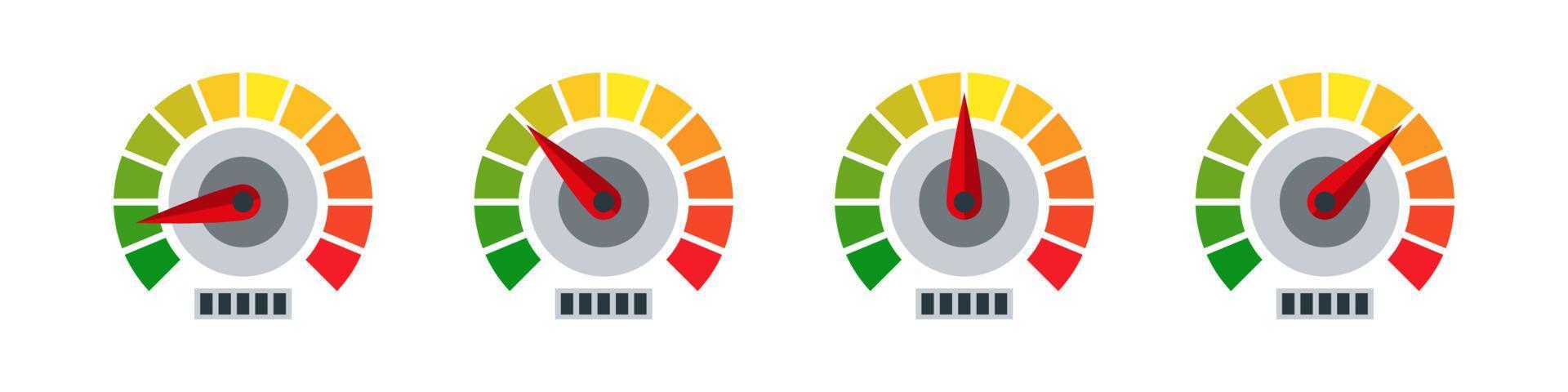 Gauge icons. Risk level gauge. Level indicator. Performance measurement. Vector graphic