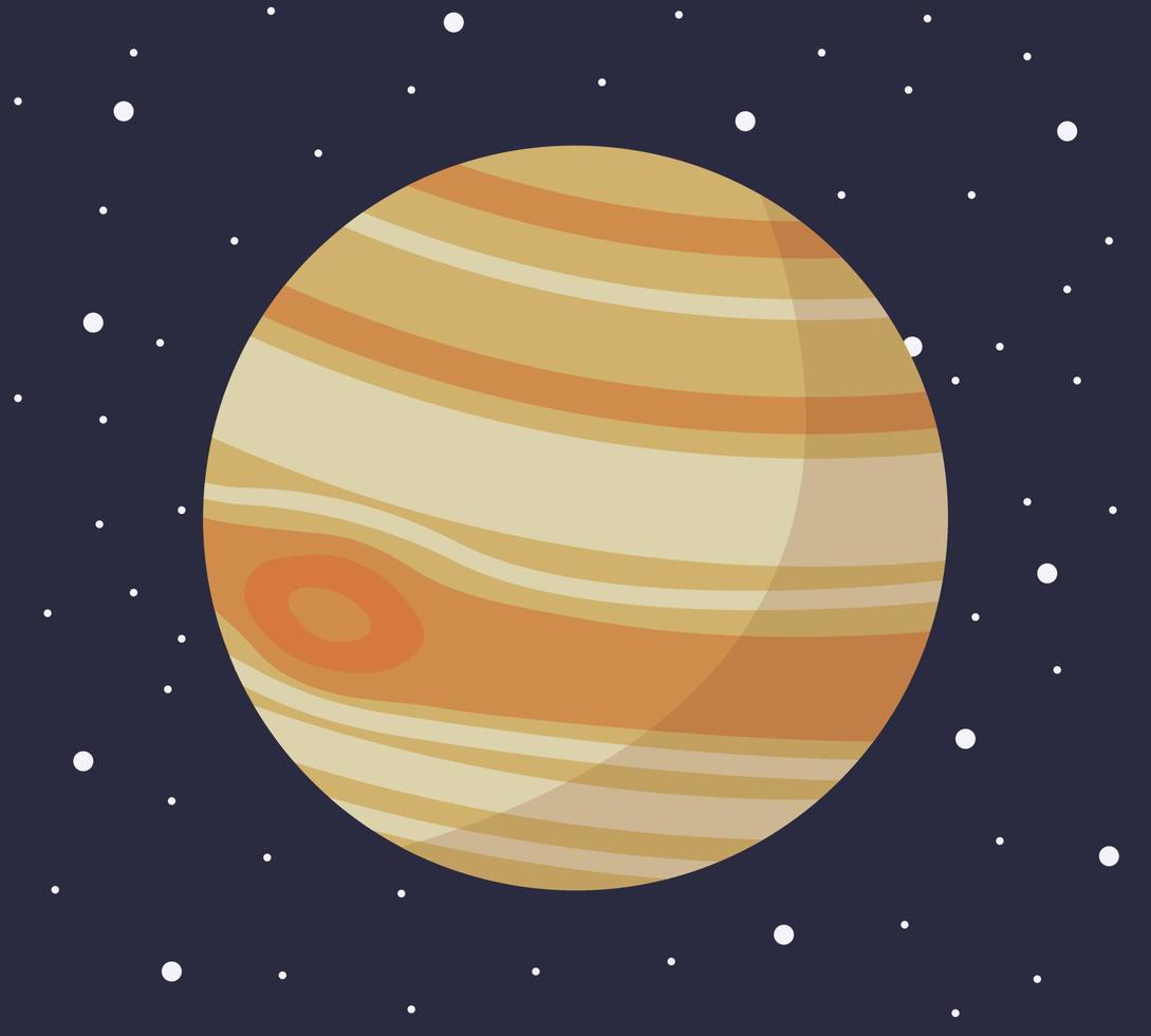 planeta del sistema solar de dibujos animados en estilo plano. planeta júpiter en el espacio oscuro con estrellas ilustración vectorial. vector