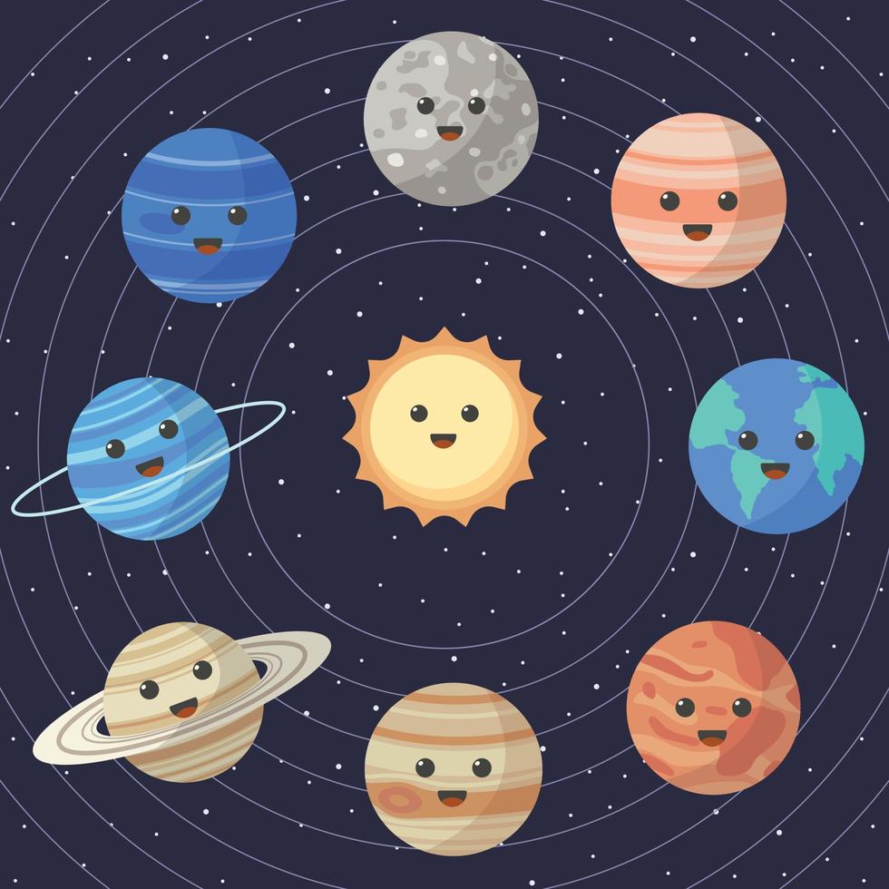 conjunto de planetas del sistema solar de dibujos animados. educación de  los niños. ilustración vectorial de