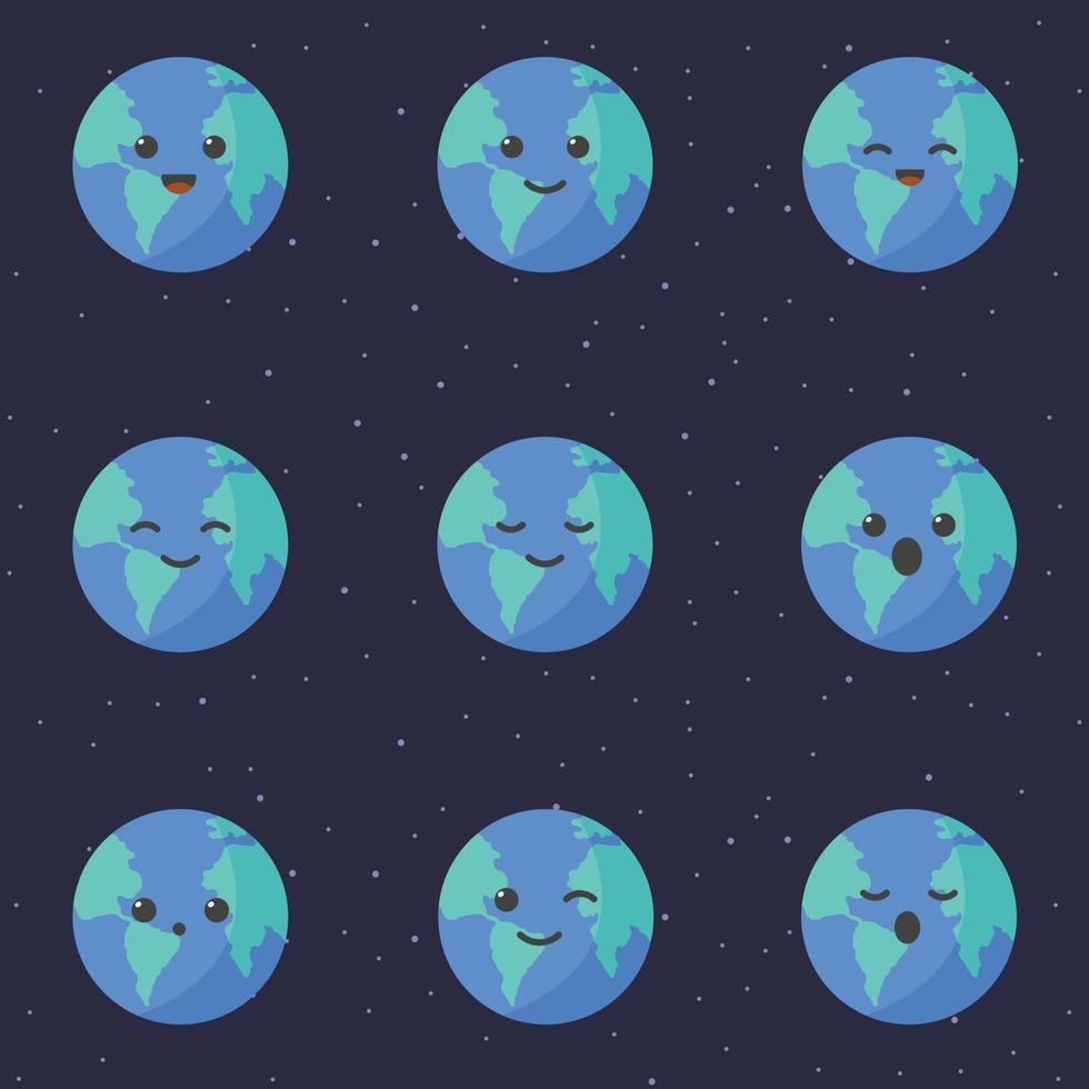 lindo personaje de dibujos animados del planeta tierra. conjunto de lindos globos de dibujos animados con diferentes emociones. ilustración vectorial vector
