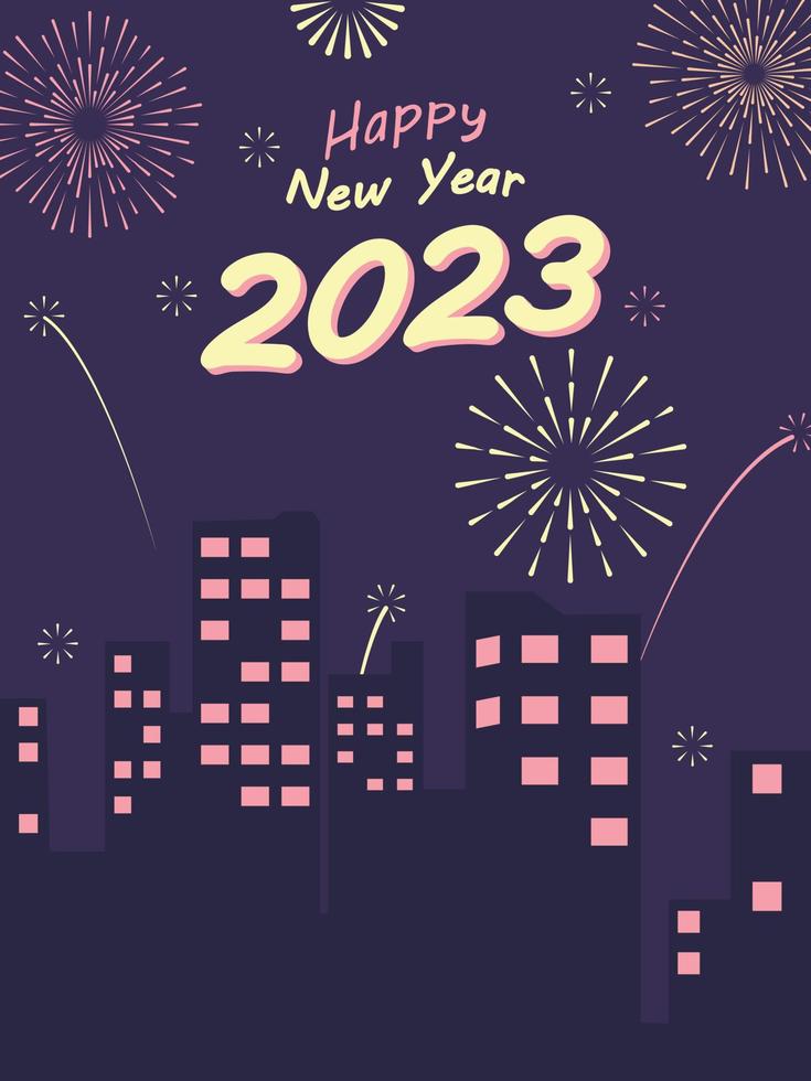 Happy new year 2023 background. Night city with colorful fireworks in the sky vector illustration. Concept for holiday decor, card, poster, banner, flyer
