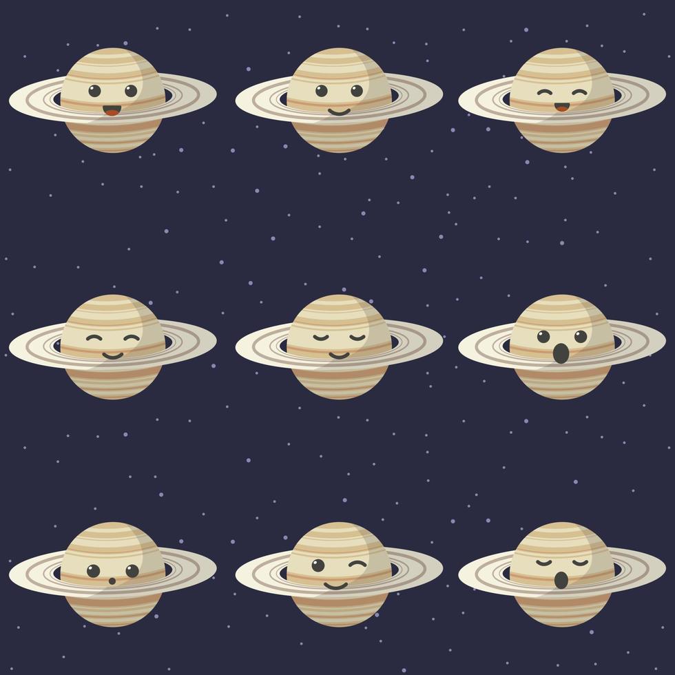 lindo personaje de dibujos animados del planeta saturno. conjunto de lindos planetas de dibujos animados con diferentes emociones. ilustración vectorial vector