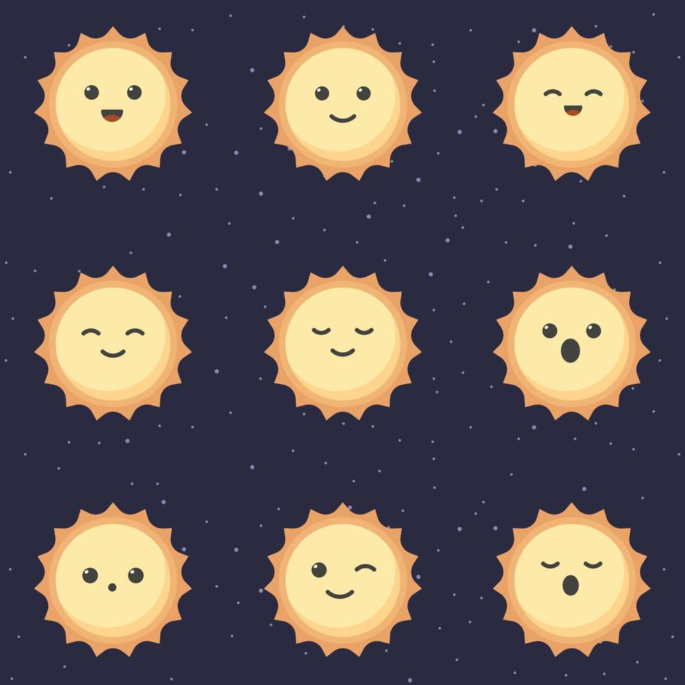 lindo personaje de dibujos animados del sol. conjunto de lindos planetas de dibujos animados con diferentes emociones. ilustración vectorial vector