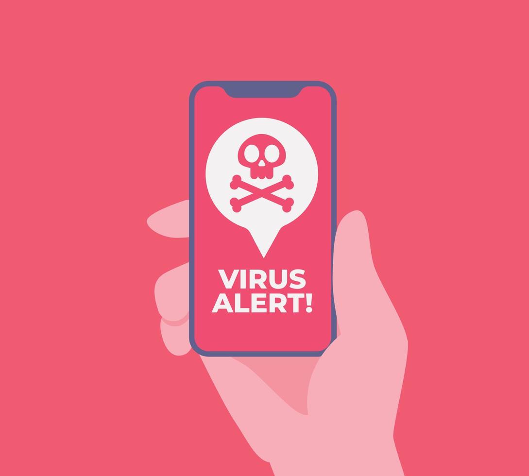 Virus alert message notification on smartphone. Malware and virus notification or error in mobile phone. Red alert warning of spam data, insecure connection, scam. Vector illustration.