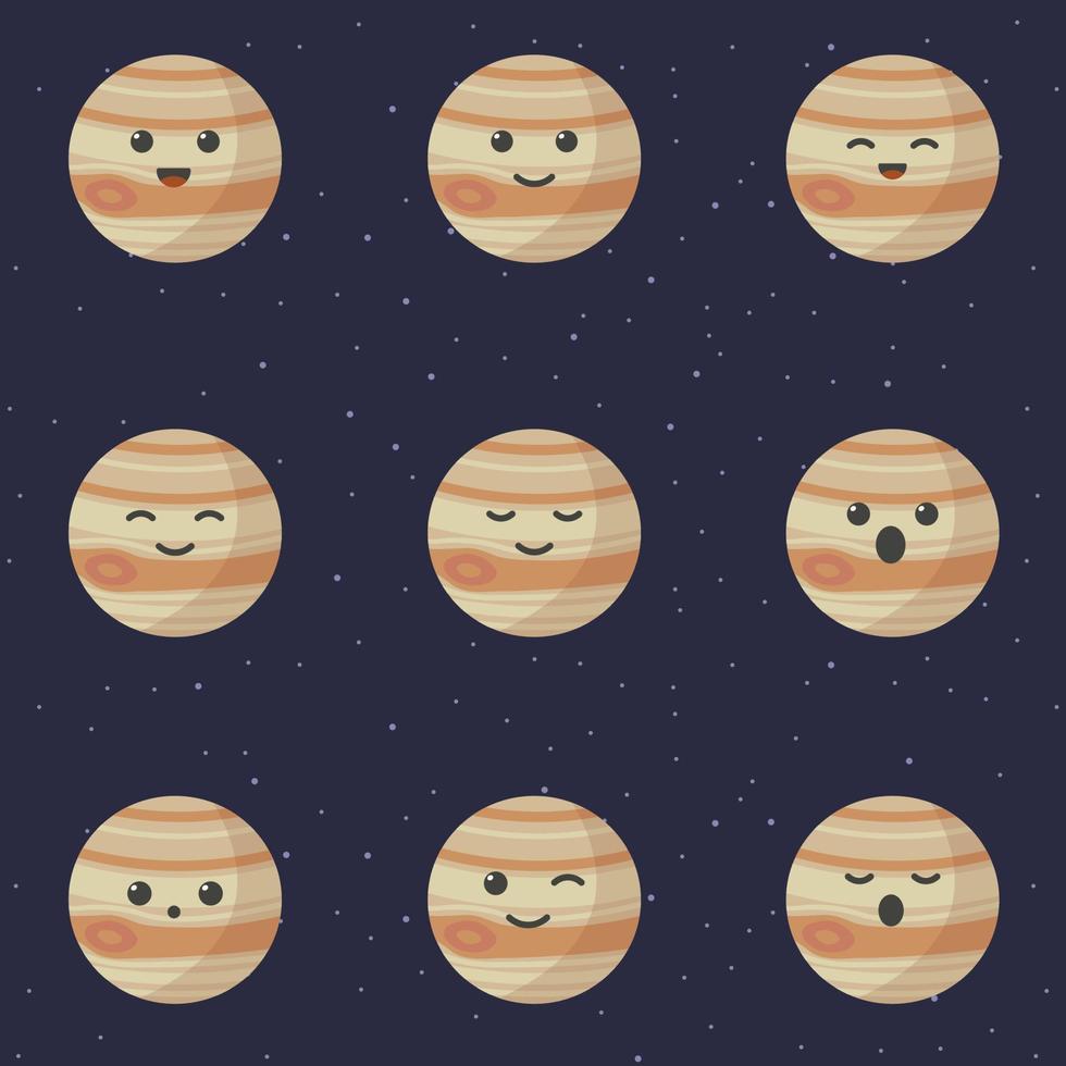 Cute planet jupiter cartoon character. Set of cute cartoon planets with different emotions. Vector illustration