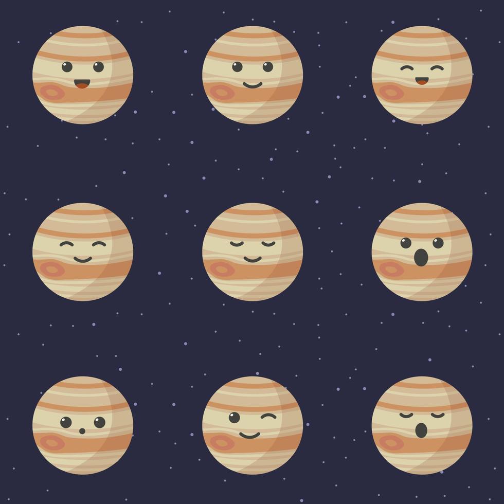 Cute planet jupiter cartoon character. Set of cute cartoon planets with different emotions. Vector illustration