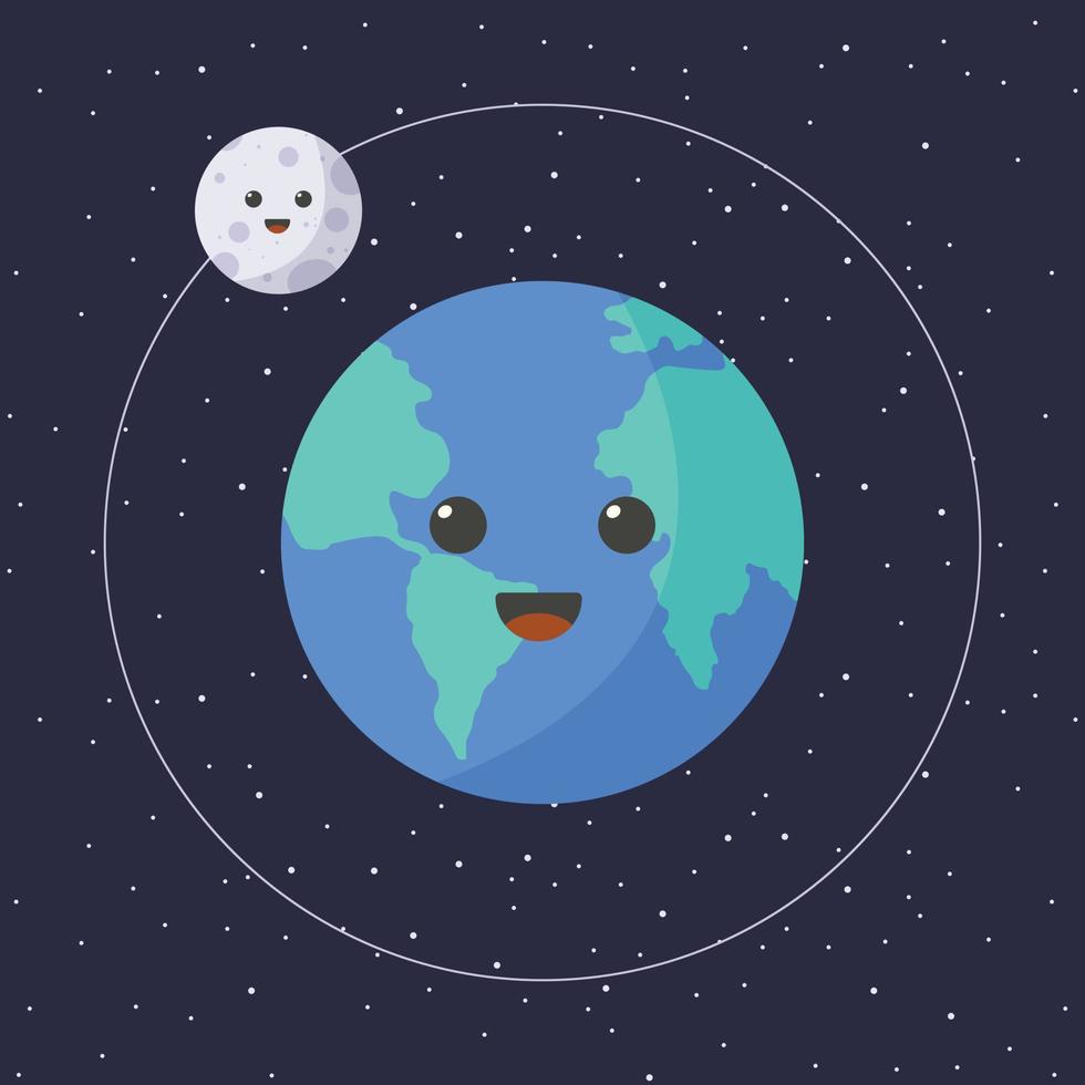 ilustración de dibujos animados de la tierra y la luna con cara feliz. Cute dibujos animados kawaii luna y planeta tierra en ilustración vectorial de estilo plano vector