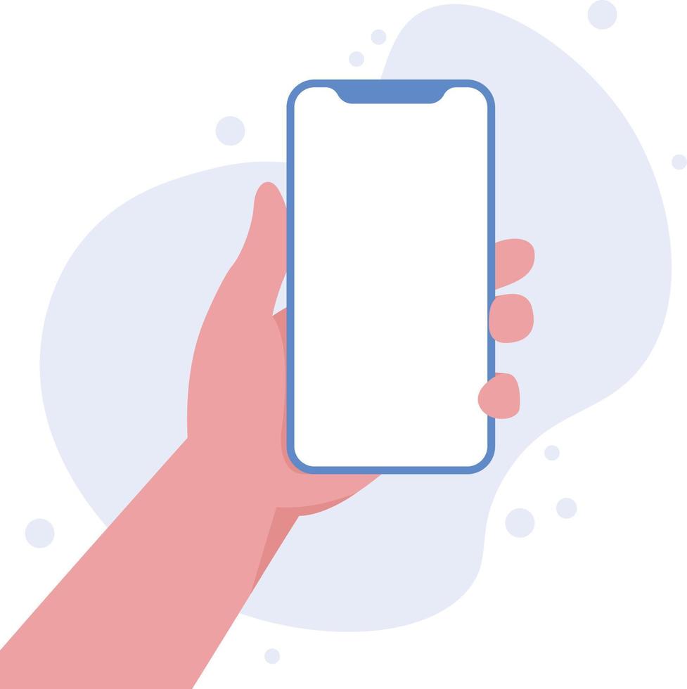 Hand holding smartphone vertically with blank screen vector illustration. Phone with empty screen, phone mockup, app interface design elements