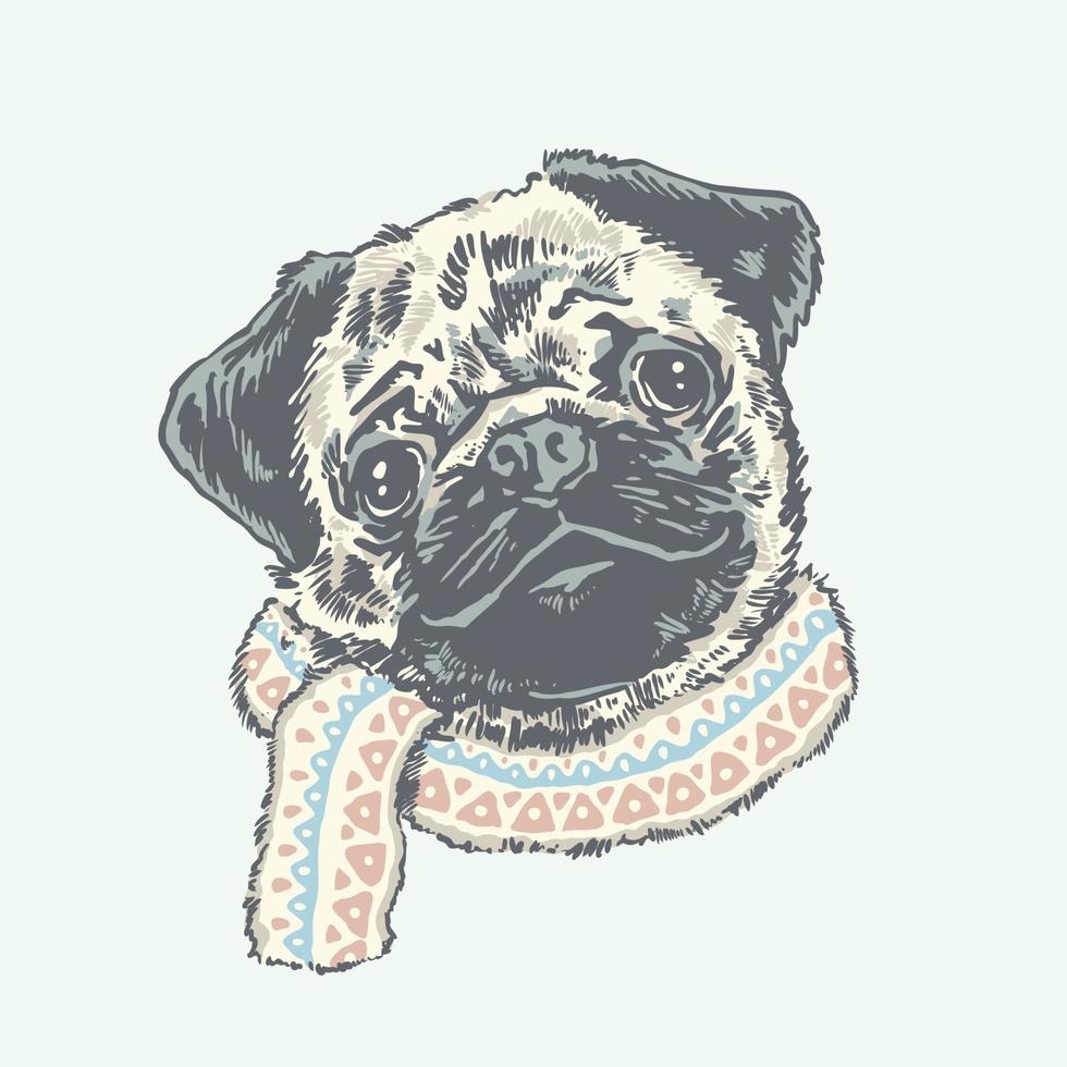 Winter cute pug  puppy dog cartoon illustration vector