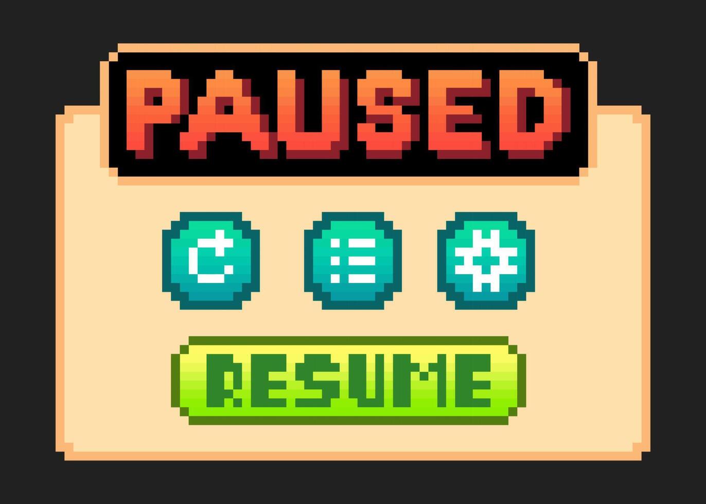 8-bit pixel text, game pause menu. Background icon for game assets in vector illustrations.