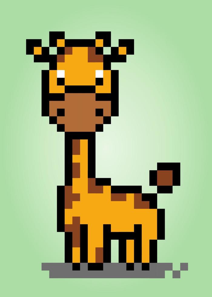Pixel 8 bit giraffe. Animals for game assets and cross stitch pattern in vector illustration.