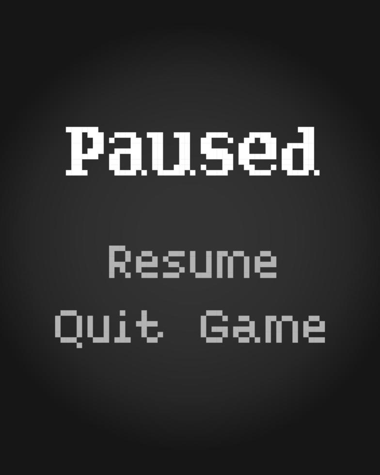 8-bit pixel text, game pause menu. Background icon for game assets in vector illustrations.