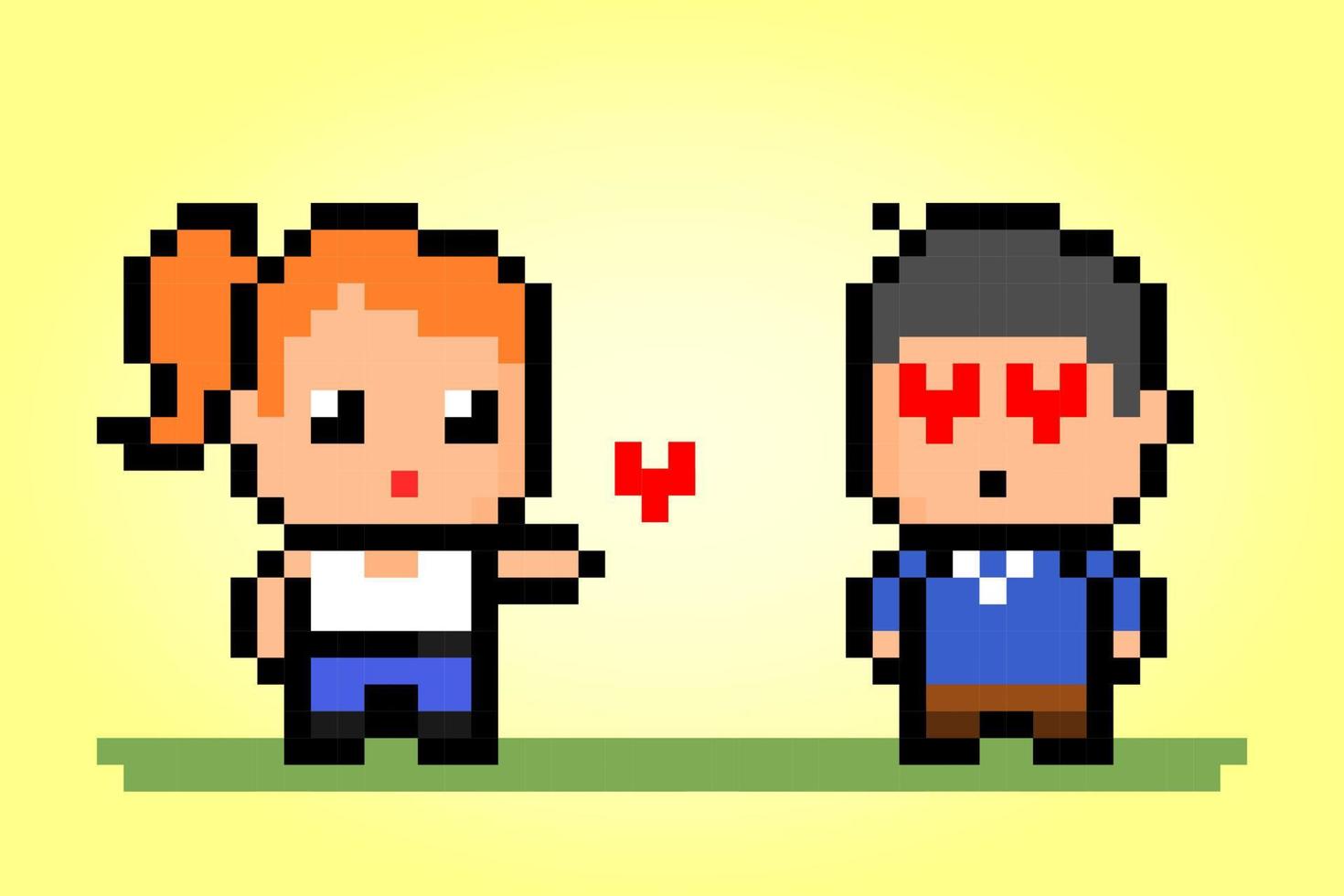 Man and female 8 bit pixels. People in pairs for cross stitch pattern in vector illustration.