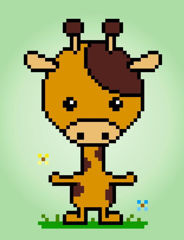 Pixel 8 bit giraffe. Animals for game assets and cross stitch pattern in vector illustration.