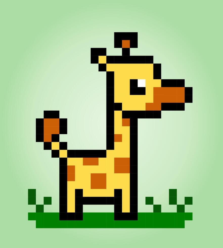 Pixel 8 bit giraffe. Animals for game assets and cross stitch pattern in vector illustration.