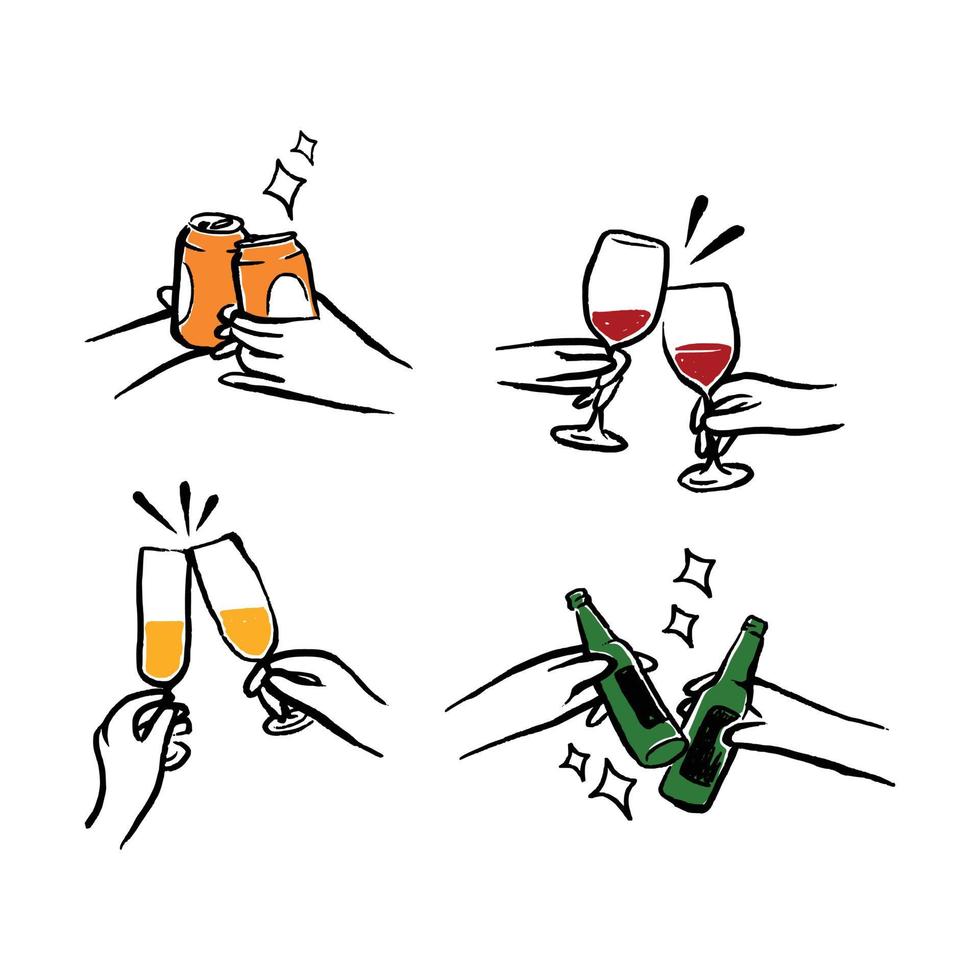 Hands holding champagne, beer in cheers handdrawn line art vector