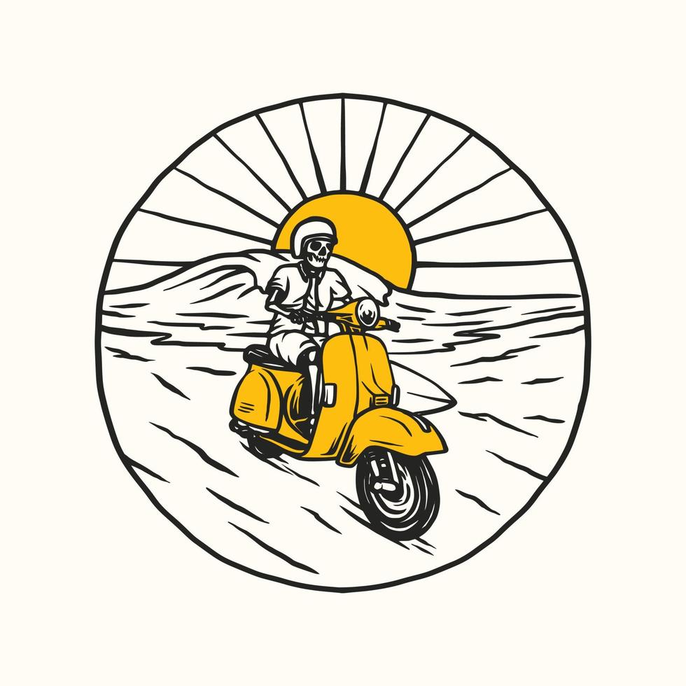 aventura en moto scooter vintage, club de motocross. ilustración vectorial dibujada a mano vector
