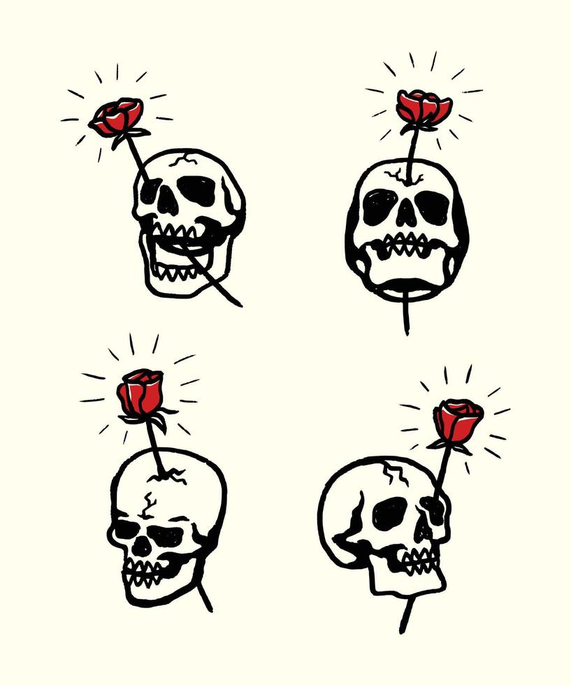 Set of Various Rose Skull Handmade Vector Illustrations